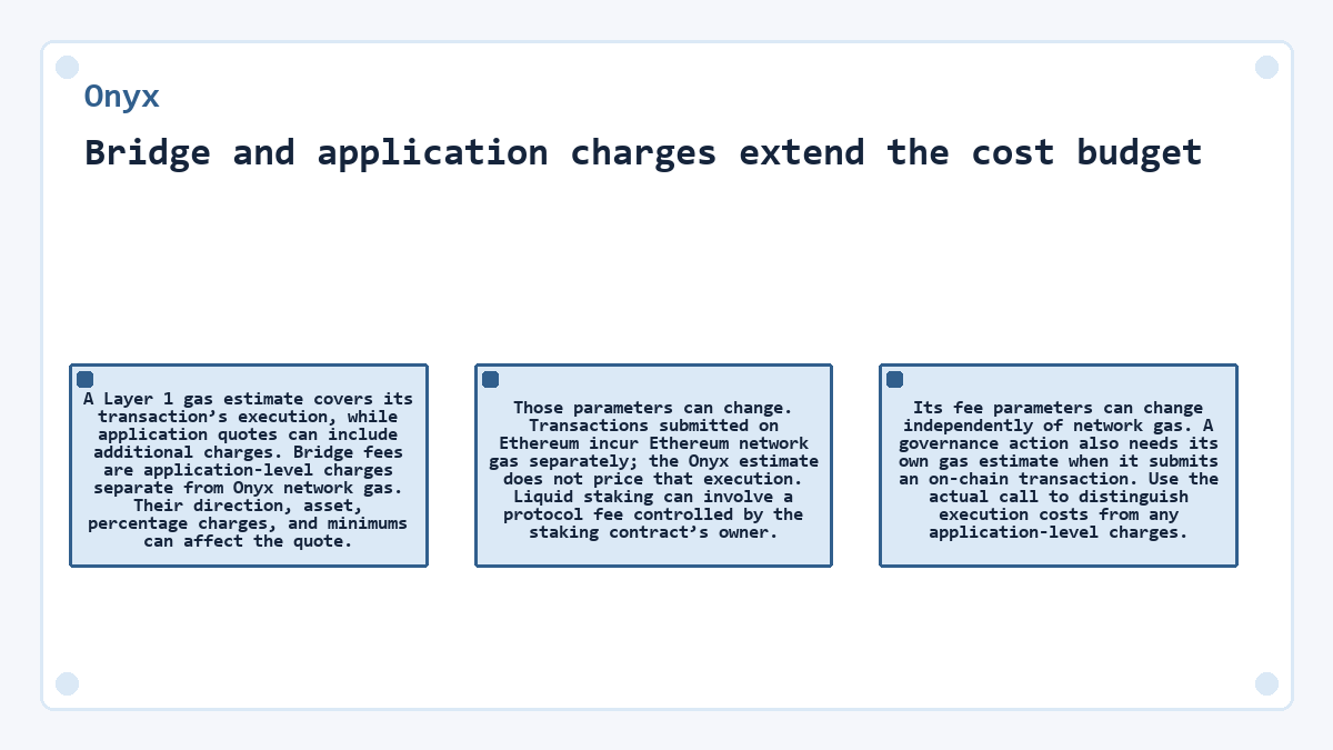 Onyx: Bridge and application charges extend the cost budget